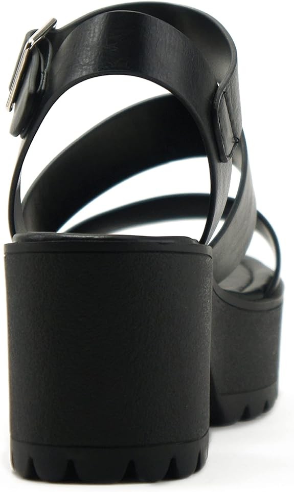 Soda ACCOUNT ~ Women Open Toe Two Bands Lug sole Fashion Block Heel Sandals with Adjustable Ankle St