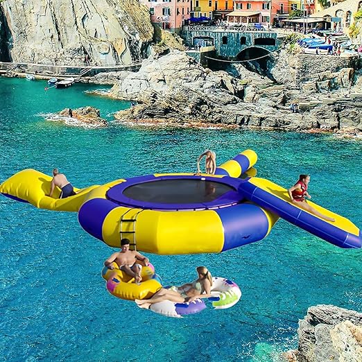 Water Lake Trampoline with Slide Tube and Diving Pillow Bag - Inflatable Bounce Swimming Platform fo
