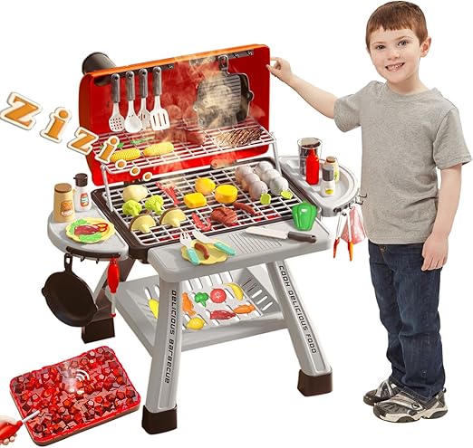 Barbecue Grill Toy Set, Kids BBQ Grill Playset with Smoke Sound Light Simulation Camping Cooking Int