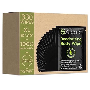 Alcala Deodorizing Body Wipes Individual Shower Wipes 100% Pure Biodegradable Bamboo Wet Wipes with 