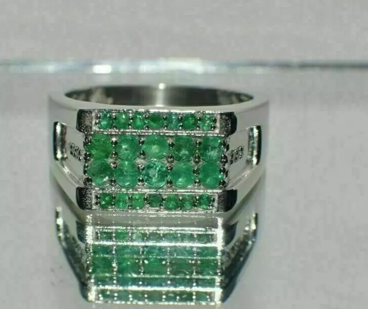 1.20Ct Round Cut Natural Emerald Men's Engagement Real 14k White Gold Gift Ring